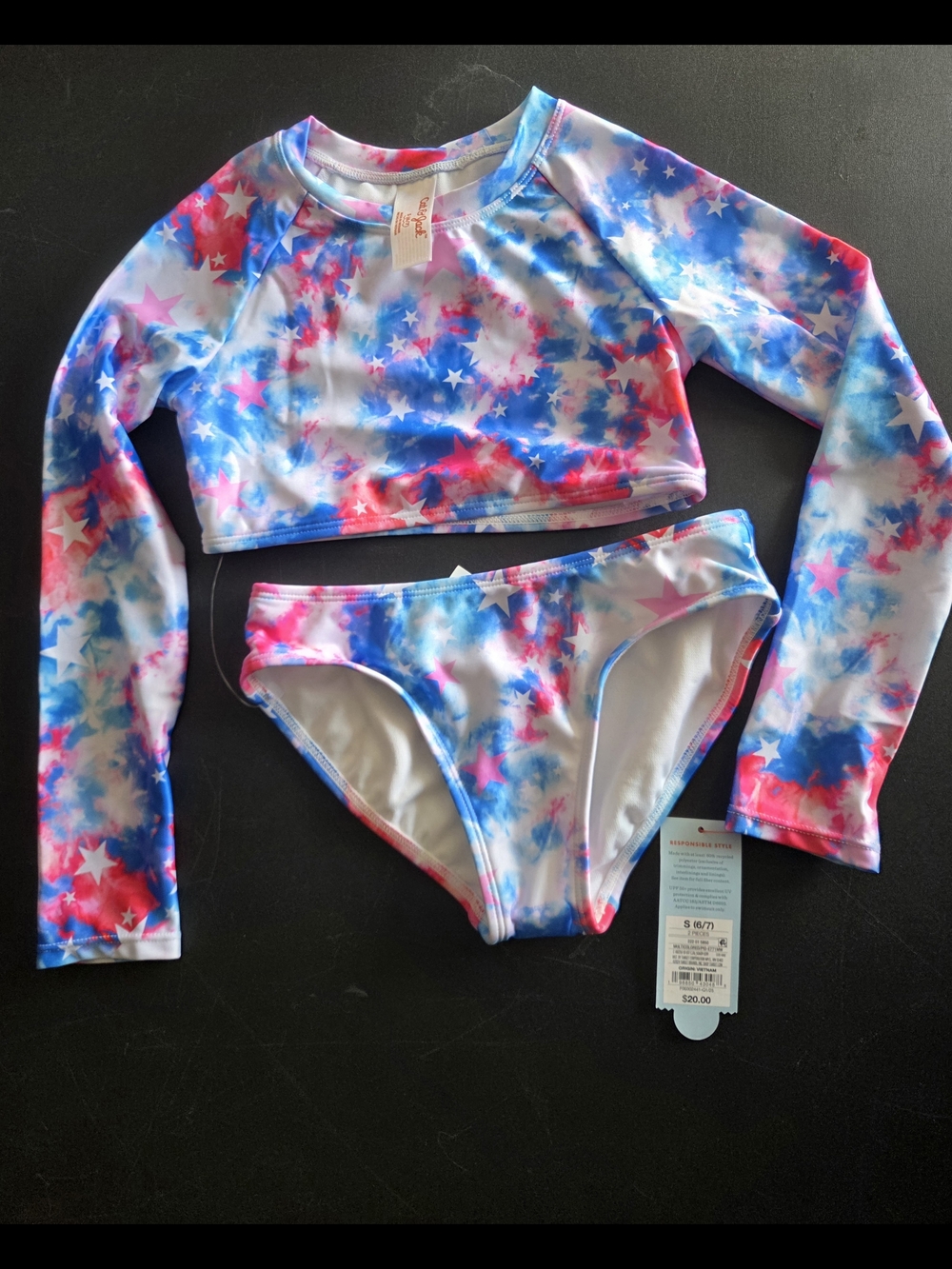 Cat & Jack Pink, Blue & White Star Tie-Dye Long-Sleeve Rashguard Bikini Set